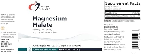 Designs for Health Magnesium Malate - Chelated Magnesium as Di Magnesium Malate - Highly Bioavailable Form to Support Energy, Bone Health + Muscle Recovery (120 Magnesium Malate Capsules)