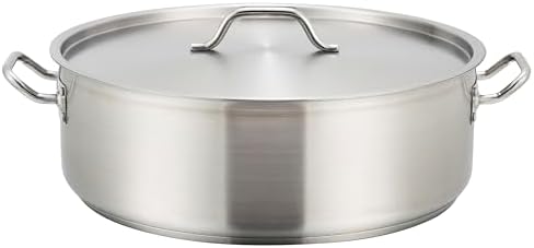 Winco 15 qt Stainless Steel Brazier Pan with Lid | Flat bottom, Wide base, Riveted handles, Induction safe, Great for Braising, Simmering, Batch Cooking and Restaurant Kitchens