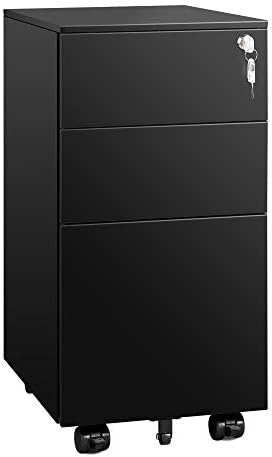 DEVAISE 3 Drawer Mobile File Cabinet with Lock, Under Desk Metal Filing Cabinet for Home Office/Legal/Letter/A4 File, Fully Assembled Except Wheels, Black