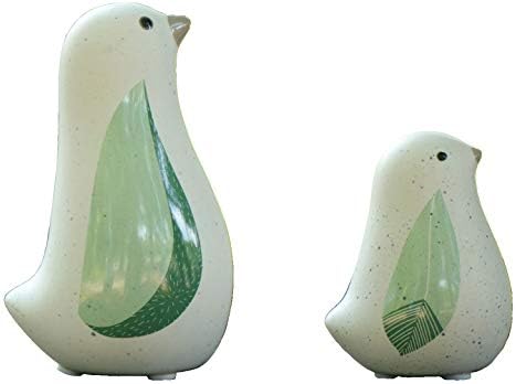 Unique Sitting Birds Figurines with Green Leaf Wings, Animal Statues, Home Garden Décor Tabletop Ornament A (Set of 2)