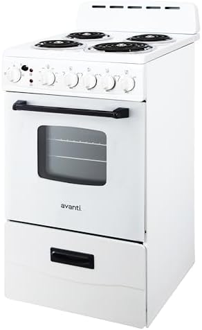 Avanti Electric Range Oven Compact Design, 2.1-Cu.Ft. Capacity with 4 Coil Burners, Framed Glass Oven Door, Storage Drawer and Broiler with Pan, 20-Inch, White