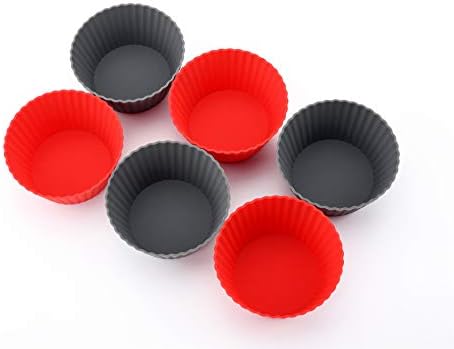 12 Pack Reusable Nonstick Jumbo Silicone Baking Cups, Cupcake and Muffin Liners, 3.8 Inch Large Size, Red and Gray Colors, Round