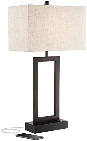 Todd 30" Large Table Lamp USB Brushed Nickel AC Power Outlet Modern | Hotel Charging Ports Living Room Bedroom House Bedside Nightstand Home Office Family Rectangle White Shade