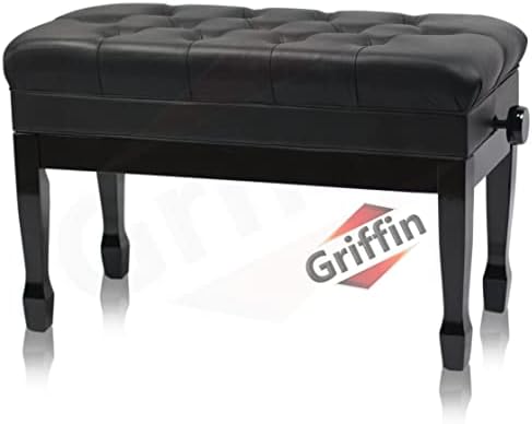 Griffin Genuine Leather Piano Bench, Oversize Duet Black Wood Frame Stool