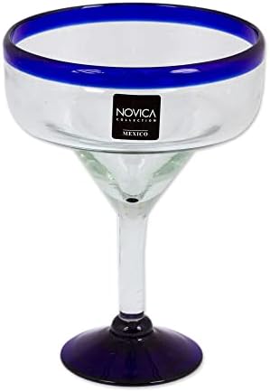 NOVICA - 284619 NOVICA Clear Blue Rim Glass Eco-Friendly Margarita Glasses, 13 Ounces, 'Cobalt Contrasts' (Set Of 6)