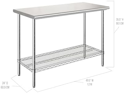 Stainless-Steel Commercial-Grade NSF-Certified Prep Table Cart, 24"W x 20"D | Heavy-duty durable utility workstation supports up to 450 lb w/ adjustable wire shelf and sliding basket on locking wheels