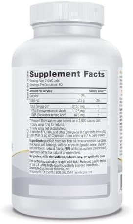 Nordic Naturals ProOmega-3, 2150 mg, EPA & DHA Fish Oil, Lemon - 120 Count | Ultra high-potency EPA & DHA fish oil supports brain, heart, eye & immune health. 2150 mg omega-3. Non-GMO. 60 servings