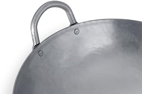 Craft Wok Traditional Hand Hammered Chinese Carbon Steel Wok with Wooden and Steel Helper Handle (14 Inch, Round Bottom Pow Wok Pan) / 731W88