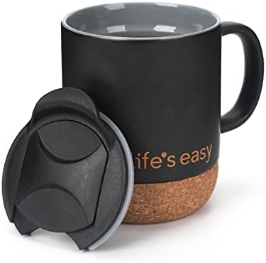 Life's Easy 12 oz Coffee Mug with Insulated Cork Bottom and Push-On Splash-Proof Lid - Black