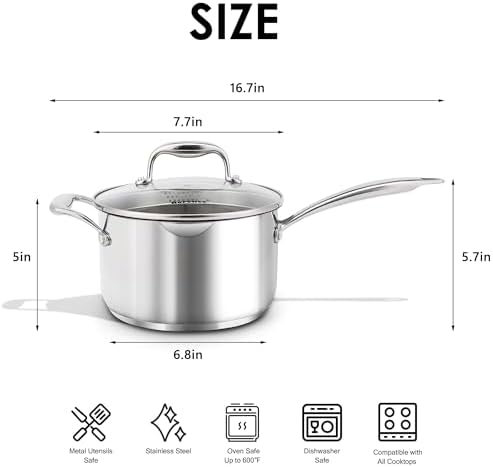Rorence 3.7 Quart Stainless Steel Induction Sauce Pan with Lid | Stainless Steel Pot Saucepan with Pour Spout & Glass Lid with Strainer