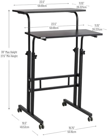 Mind Reader Standing Desk, Adjustable Height Laptop Workstation, Portable Rolling Desk on Wheels, Two-Tier Metal Frame, Black
