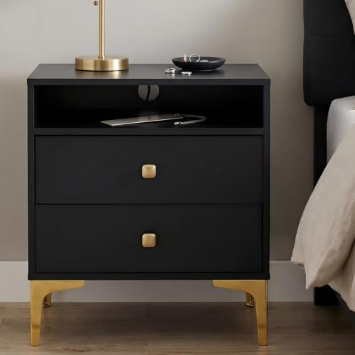 AILEEKISS Black Nightstands Set of 2 with Wireless Charger Station | Modern Bedside Tables Tall Night Stands Storage with 2 Drawers Metal Legs for