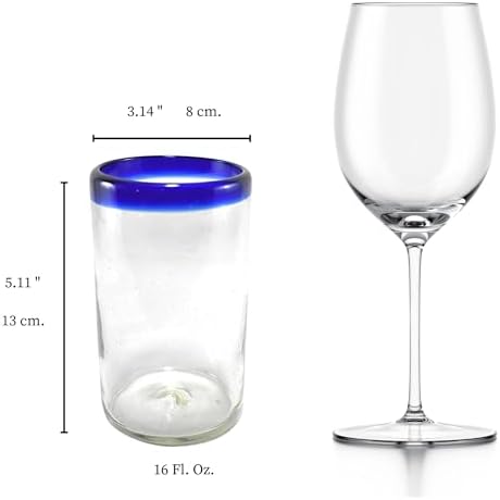 MAREY Hand Blown Drinking Glasses Artisan Crafted from Mexico Set of 6 pieces (Cobalt Blue Rim, Water 16 Oz.)