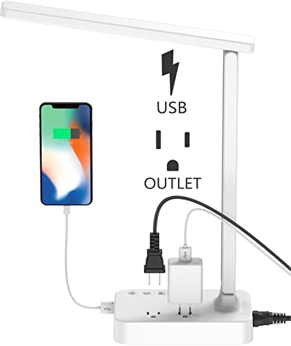 Drevet LED Desk Lamp for College Dorm Room, Desk Light with 1 USB Charging Port 2 AC Power Outlet, 3 Lighting Modes, 3 Level Brightness Touch Lamp