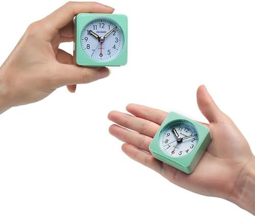 Peakeep Ultra Small, Battery Travel Alarm Clock with Snooze and Light | Silent No Ticking Analog Quartz Clock (Aquamarine)