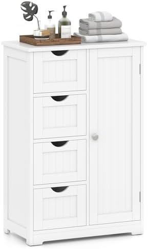 Giantex Storage Cabinet with 4 Drawers, Bathroom Storage Organizer with Cupboard, Adjustable Shelf, Anti-Toppling Device, Floor Cabinet, Entryway Storage Unit Console Table, White