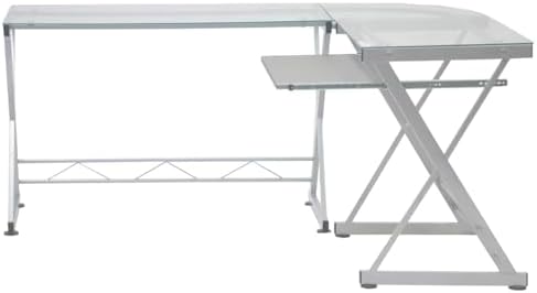 Scranton & Co Modern L-Shape Computer Desk, Glass and Steel, Clear Finish, 29.5" H x 61.75" W x 45.25" D, Reversible Design, Pull-Out Keyboard Tray