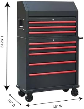 Heavy Duty 36" 8-Drawer Tool Chest and Cabinet Combo, Black with Red Accents, Rolling Casters