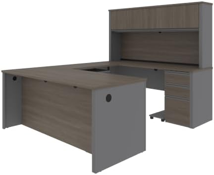 Bestar Prestige + 72W U-Shaped Executive Desk with 2 Pedestals and Hutch in White Chocolate & Antigua | With 2 Pedestals and Hutch; with Narrow Desk Shell, Desk Shell, Desk Bridge, Keyboard Tray, CPU Stand; stands 67 in. tall
