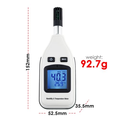Digital Humidity 0~100% RH and Temperature Meter, 30~70°C, MAX/MIN Hold, Handheld Portable with LCD Backlight