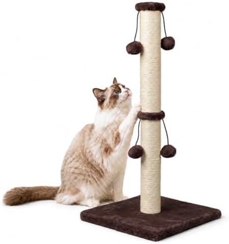 Dimaka 29'' Cat Scratching Post, Natural Sisal Rope Scratcher Post, Kitten Claw Scratch with 4 DanglingToy Balls for Large Cats (Grey)