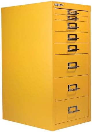 5-Drawer Steel MultiDrawer Cabinet - Orange, by Bisley | Chrome Pull Handles with Label Holders, Powder-Coated Steel, Removable Drawers, Desktop Storage, Labels Included