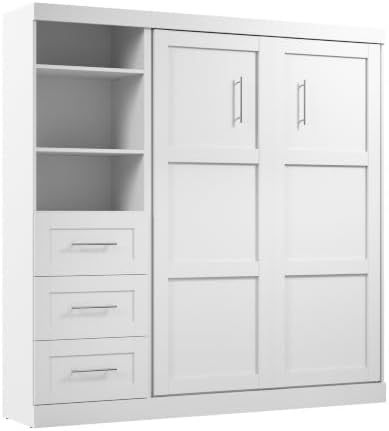 Bestar Pur Full Murphy Bed and Storage Unit with Drawers, 84-inch Space-Saving Wall Bed with Storage in White | Storage Unit with Drawers
