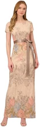ADRIANNA PAPELL Women's Mateleasse Column Gown | Elegant Evening Gown with Floral Design, Back Slit & Cap Sleeves