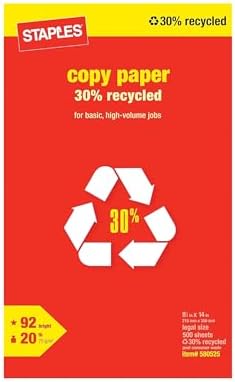 Staples 30% Recycled 8.5-Inch X 11-Inch Copy Paper 20 Lbs 92 Brightness 500/Ream, For Office, School & Home