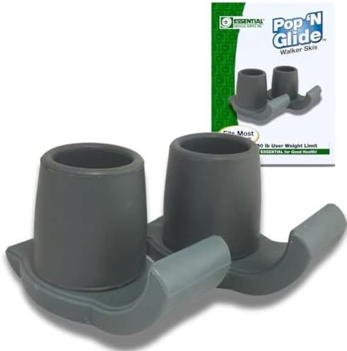Essential Medical Supply Pop & Glide Easy Use Walker Ski Glides, 2 Pack - Universal Fit Walker Accessories in Gray