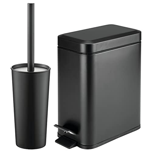 mDesign Metal Freestanding Slim Toilet Bowl Brush and Holder + Rectangle Narrow 5 Liter / 1.3 Gallon Step Pedal Trash Can Wastebasket for Bathroom