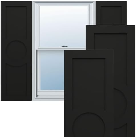 12"W x 55"H True Fit PVC Center Circle Arts & Crafts Fixed Mount Shutters, Black (Per Pair - Hardware Not Included)