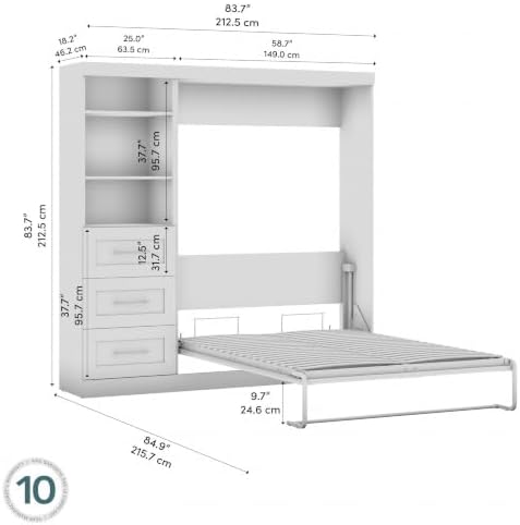 Bestar Pur Full Murphy Bed and Storage Unit with Drawers, 84-inch Space-Saving Wall Bed with Storage in Bark Grey | Storage Unit with Drawers