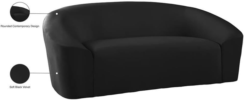 Meridian Furniture 610Black-L Riley Collection Modern | Contemporary Velvet Upholstered Loveseat with Rounded Contemporary Design, Black