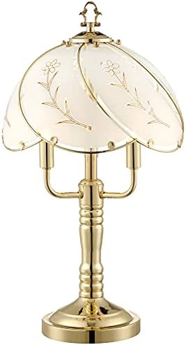 Polished Brass Flower Petal 15" Small Table Lamp Gold Touch 4-Way Glass Off | Etched Shade Art Traditional Cottage Floral Bedroom House Bedside Nightstand Home Office Living Room