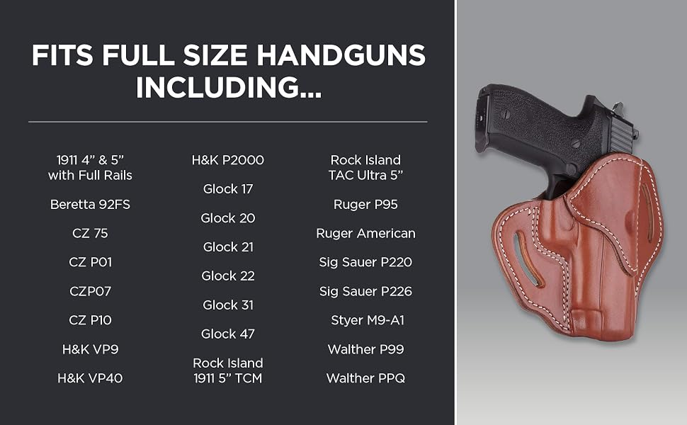 full size pistol holster, leather gun holster, sig holster, walther holster, 1911 with rails holster