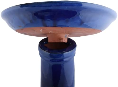 Esschert Design Bird Bath on Pedestal W/Bird, Ceramic, Blue, 18"H