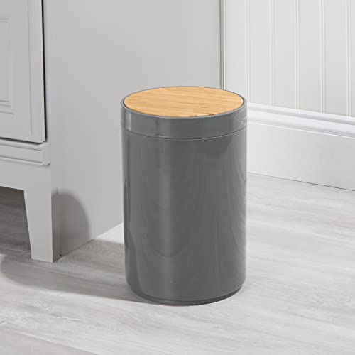 mDesign Plastic Round Trash Can Small Wastebasket - Garbage Bin Container with Swing-Close Lid - Bathroom Garbage Basket - Holds Waste, Recycling - 1.3 Gallon - Basa Collection - Cream/Beige/Natural