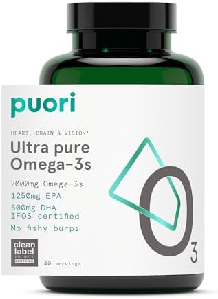 Puori O3, Omega 3 Fish Oil Supplement, IFOS Certified - 120 Softgels | Ultra Pure, Burpless Wild Caught Fish Oil with 2000mg Omega 3 Fatty Acids