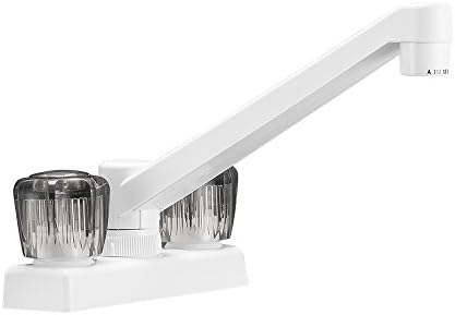 Dura Faucet DF-PK640S-WT RV Swivel Kitchen Galley Bar Faucet (White) | Smoked acrylic knobs and a rotating spout serve sink or bar duty.