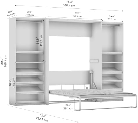 Bestar Cielo Full Murphy Bed with 2 Closet Organizers (119W) in Bark Gray and White, Sleeping Arrangement for Multipurpose Room | 2 Closet Organizers
