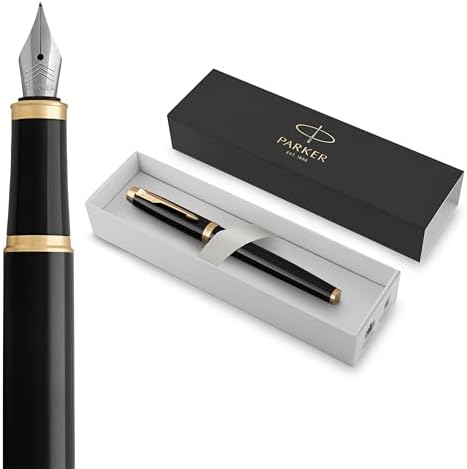 Parker IM Fountain Pen, Black Lacquer with Gold Trim, Fine Nib - Includes Blue Ink Refill and Elegant Gift Box