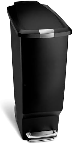 simplehuman 40 Liter / 10.6 Gallon Slim Kitchen Step Trash Can With Secure Slide Lock, Black Plastic