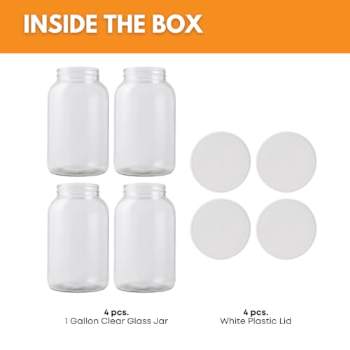 4-Pack 1 Gallon Glass Jar with Lid | Wide Mouth Food Storage Canisters | Heavy-duty Glass Jars with Airtight Lid for kombucha, pickling, canning, fermentation, cider, wine and bulk pantry storage