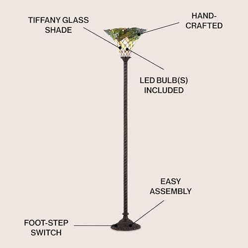 JONATHAN Y 71" Botanical Tiffany-Style Metal Torchiere Floor Lamp, Bronze | Handcrafted Stained Glass Bowl Shade, Traditional Standing Uplight
