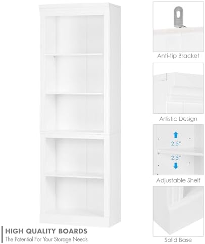 Spirich White Bookshelf, 5-Tier Tall Bookcase with Adjustable Shelves | 13.4-Inch Depth, Anti-Tip Device, Water-Based Finish, FSC-Certified Wood
