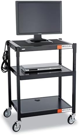 Pemberly Row Black Steel Mobile Media Cart, Adjustable Height 28-36 in, 3 Shelves 24 x 18 in, Powder Coated Finish, Swivel Casters with 2 Locking