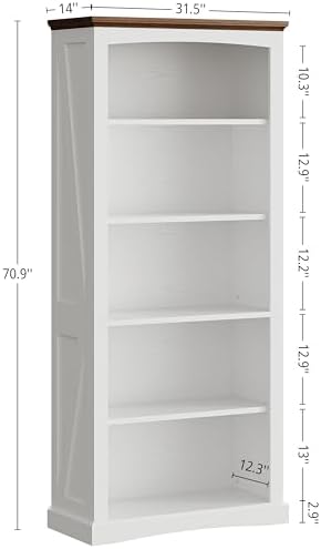 IRONCK 5 Tier Farmhouse Bookshelf 70.9" White Bookcase with Brown Wood Top | brown top & brace side panels, anti-tip stable design, bookcase, bedroom