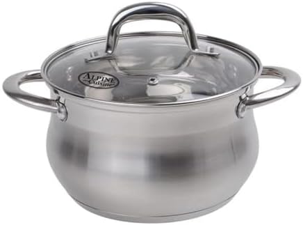 Alpine Cuisine 2-Quart Stainless Steel Dutch Oven with Tempered Glass Lid, Belly Shape, Heavy Duty & Dishwasher Safe