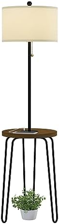 Lavish Home Floor Lamp with Built-In End Table, Brown/Black, 17” x 59” | Modern Side Table with USB Charging Port, LED Bulb, and Hairpin Legs
